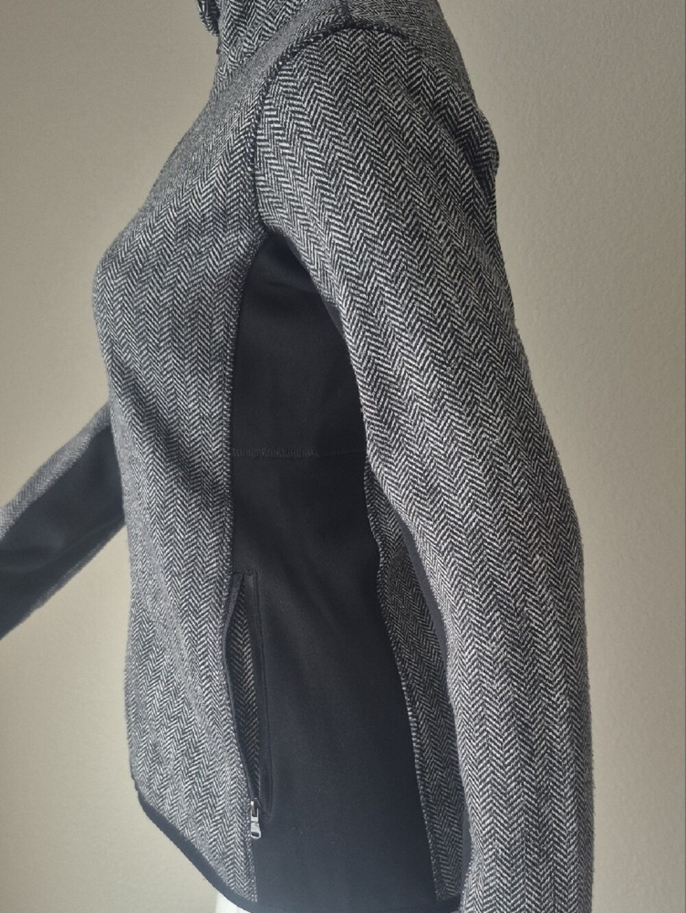 Gray Herringbone Zip Utility Jacket with Black Panels - Picture 2 of 5